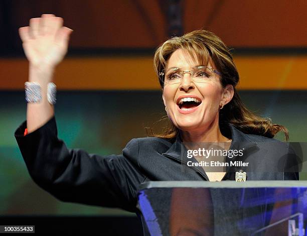 Former Alaska Gov. Sarah Palin waves as she is introduced at RECon 2010, the International Council of Shopping Centers' annual global retail real...