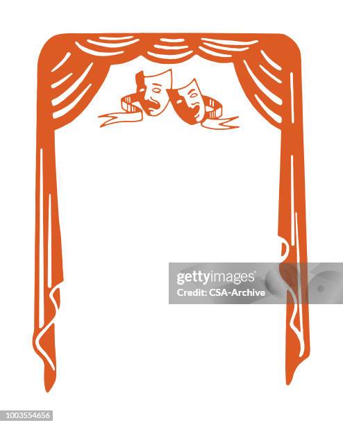 illustrazioni stock, clip art, cartoni animati e icone di tendenza di comedy tragedy sipario sul palcoscenico - maschera teatrale