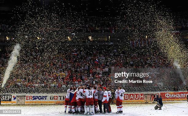 The team of Czech Republic celebrate after winning the IIHF World Championship gold medal match between Russia and Czech Republic at Lanxess Arena on...