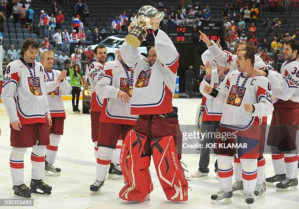 Czech Republic's goalkeeper Tomas Vokoun celebrates with the trophy after the IIHF Ice Hockey World Championship final match Russia vs Czech Republic...