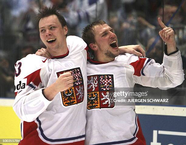 Czech Republic's Ondrej Nemec and Petr Vampola celebrate after the IIHF Ice Hockey World Championship final match Russia vs Czech Republic in the...