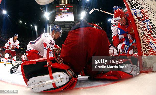 Ilya Kovalchuk of Russia tries to score over goaltender Tomas Vokoun of Czech Republic during the IIHF World Championship gold medal match between...