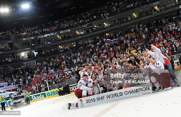 Czech Republic's players celebrate with the trophy after the IIHF Ice Hockey World Championship final match Russia vs Czech Republic in the western...