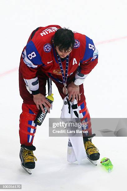 Alexander Ovechkin of Russia looks dejected after loosing the IIHF World Championship gold medal match between Russia and Czech Republic at Lanxess...