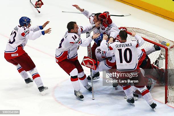 Goaltender Tomas Vokoun of Czech Republic celebrates with his team mates after winning the IIHF World Championship gold medal match between Russia...