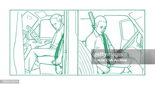 man using seatbelt - front passenger seat stock illustrations