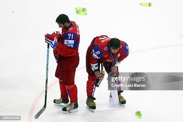 Ilya Kovalchuk and Alexander Ovechkin of Russia are looking dejected after loosing the IIHF World Championship gold medal match between Russia and...