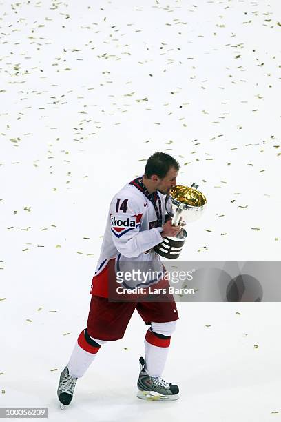Petr Vampola of Czech Republic kisses the trophy after winning the IIHF World Championship gold medal match between Russia and Czech Republic at...