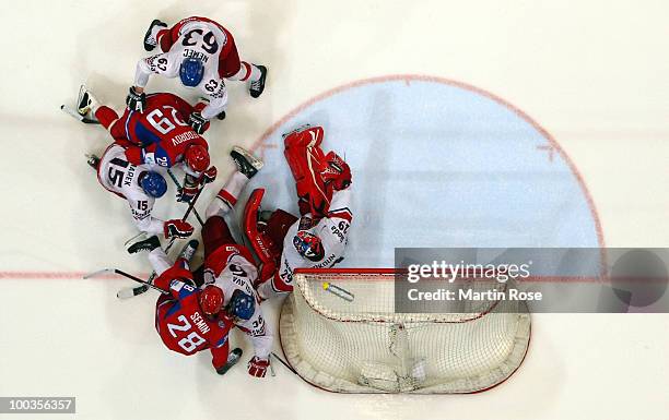 Tomas Vokoun, goalkeeper of Czech Republic saves the shot of Sergei Fedorov of Russia during the IIHF World Championship gold medal match between...