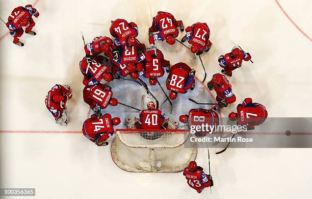 The team of Russia lines up prior to the IIHF World Championship gold medal match between Russia and Czech Republic at Lanxess Arena on May 23, 2010...