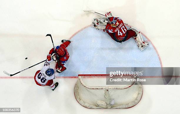 Semyon Varlamov of Russia saves the shot of Jaromir Jagr of CZech Republic during the IIHF World Championship gold medal match between Russia and...
