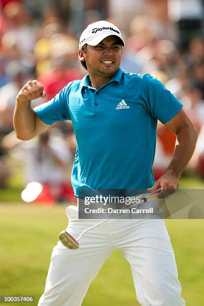 Jason Day of Australia pumps his fist after sinking a bogey putt on the 18th hole to win the HP Byron Nelson Championship at TPC Four Seasons Resort...