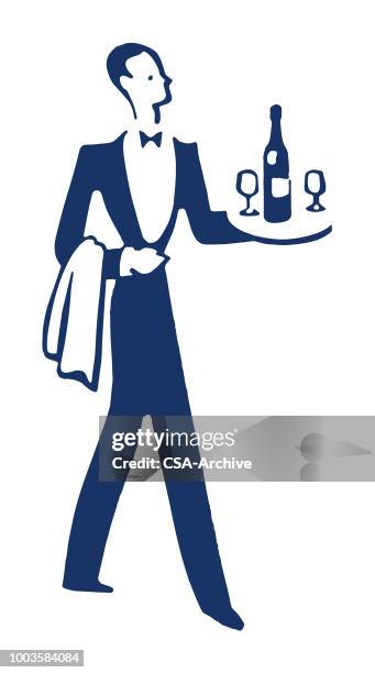 waiter carrying tray - wine logo stock illustrations