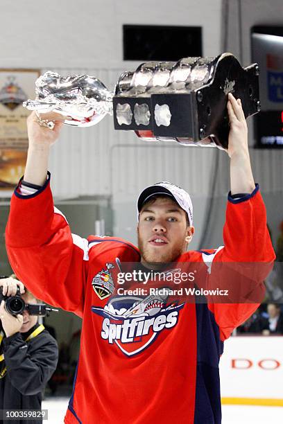 Taylor Hall of the Windsor Spitfires skates with the Memorial Cup after defeating the Brandon Wheat Kings in the Final of the 2010 Mastercard...
