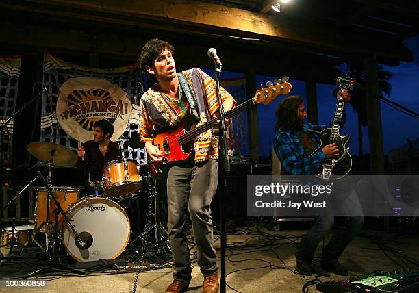 Jamie Villanueva, Rene Villanueva and Dante Schwebel of Hacienda perform at Pachanga Latino Music Festival at Fiesta Gardens on May 22, 2010 in...