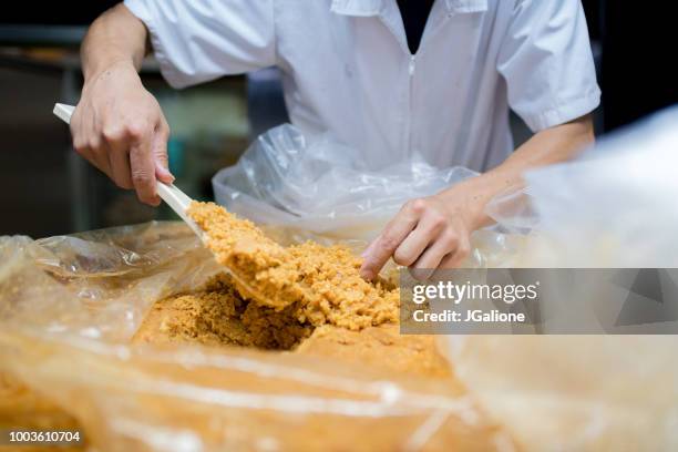 japanese worker inspecting miso - miso sauce stock pictures, royalty-free photos & images