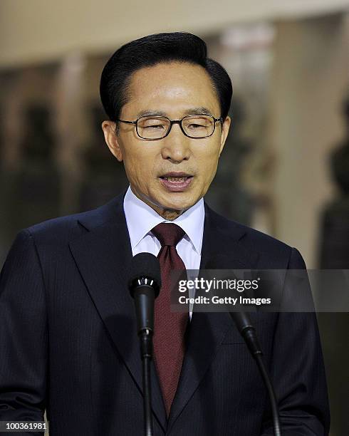 South Korean President Lee Myung-Bak speaks during a press conference at the War Memorial on May 24, 2010 in Seoul, South Korea. President Lee...