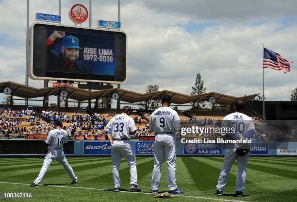 Silence is observed in memory of former Dodger Jose Lima before the Detroit Tigers take on the Los Angeles Dodgers at Dodger Stadium on May 23, 2010...