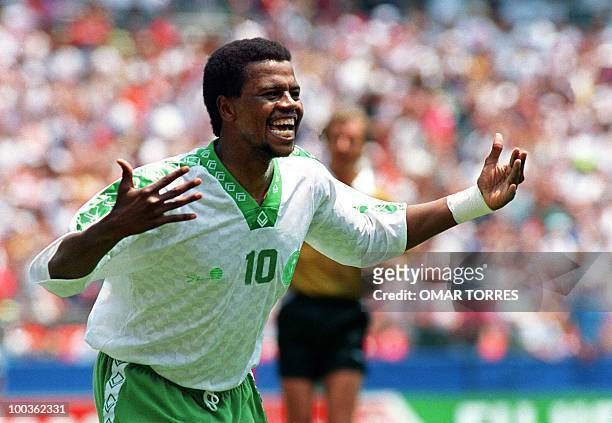 File picture dated June 29, 1994 shows Saeed Owairan of Saudi Arabia celebrating after scoring a goal in the first period of their World Cup match...