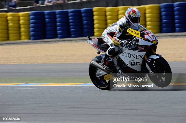 Jules Cluzel of French and Foward Racing heads down a straight during the first free practice of the MotoGP French Grand Prix in Le Mans Circuit on...