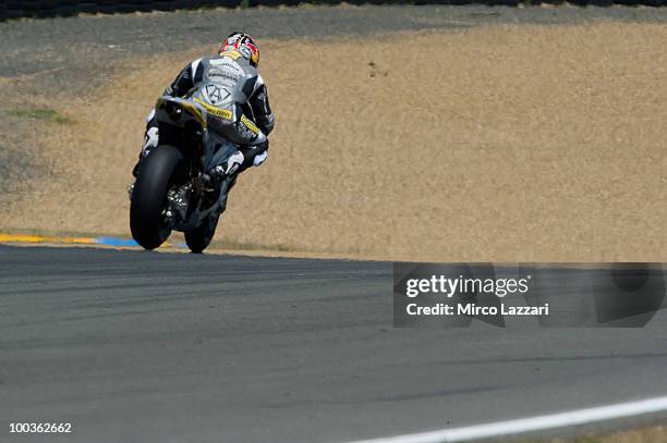 Hiroshi Aoyama of Japan and Interwetten MotoGP Team heads down a straight during the first free practice of the MotoGP French Grand Prix in Le Mans...