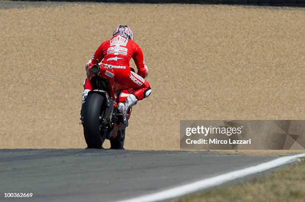 Nicky Hayden of USA and Ducati Marlboro Team heads down a straight during the first free practice of the MotoGP French Grand Prix in Le Mans Circuit...