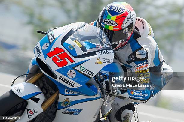 Alex De Angelis of San Marino and Scot Racing Team heads down a straight during the first free practice of the MotoGP French Grand Prix in Le Mans...