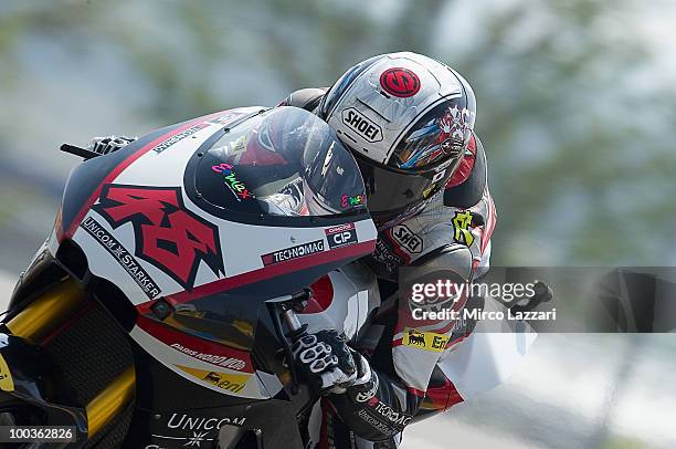 Shoya Tomizawa of Japan and Technomag - CIP heads down a straight during the first free practice of the MotoGP French Grand Prix in Le Mans Circuit...