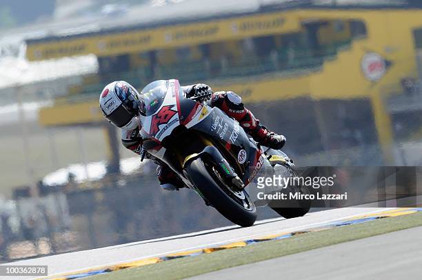 Shoya Tomizawa of Japan and Technomag - CIP heads down a straight during the first free practice of the MotoGP French Grand Prix in Le Mans Circuit...