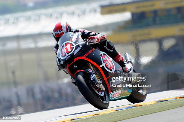 Vladimir Ivanov of Russia and Gresini Racing Moto2 heads down a straight during the first free practice of the MotoGP French Grand Prix in Le Mans...