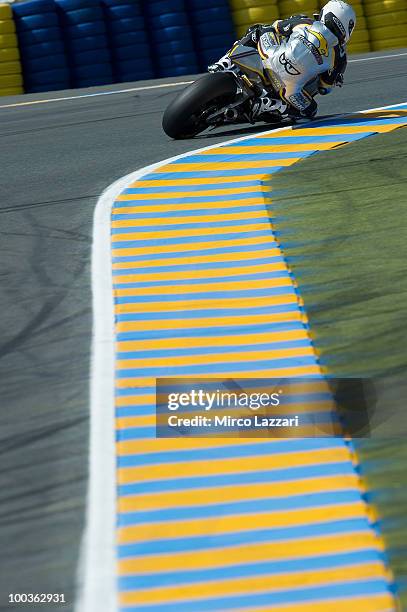 Vincent Lonbois of Belgium and Marc VDS Racing Team rounds the bend during the first free practice of the MotoGP French Grand Prix in Le Mans Circuit...