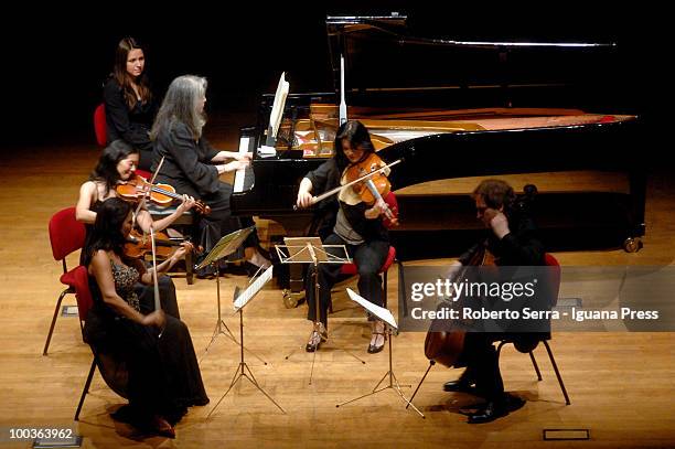 Pianist Martha Argerich perform her's concert with String Quartet Sonig Tchakerian, Gabrielle Shek, Lyda Chen and Enrico Bronzi for Bologna Festival...