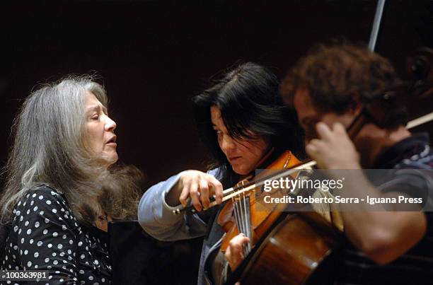 Pianist Martha Argerich perform her's concert with String Quartet, here with her's daughter Lyda Chen and Enrico Bronzi for Bologna Festival at...