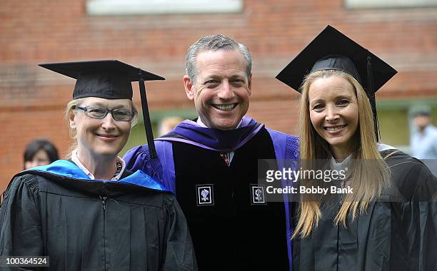 Meryl Streep, William A. Plapinger, Chair Board of Trustees, and Lisa Kudrow attend the Vassar College commencement at Vassar College on May 23, 2010...