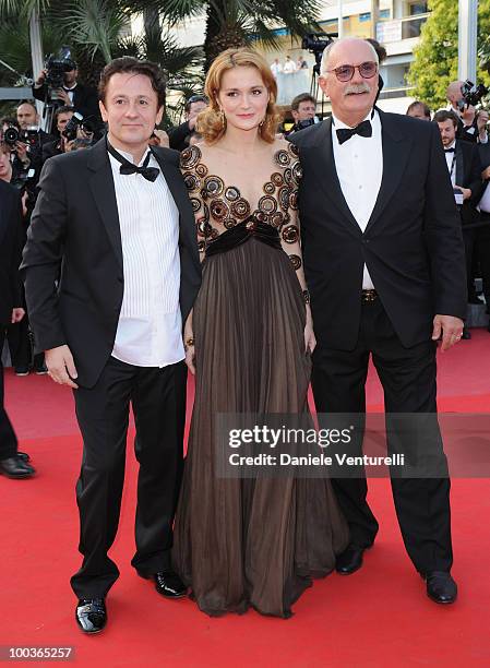 Actor Oleg Menshikov, actress Nadezhda Mihalkova and director Nikita Mikhalkov attend the "The Exodus - Burnt By The Sun 2" Premiere held at the...