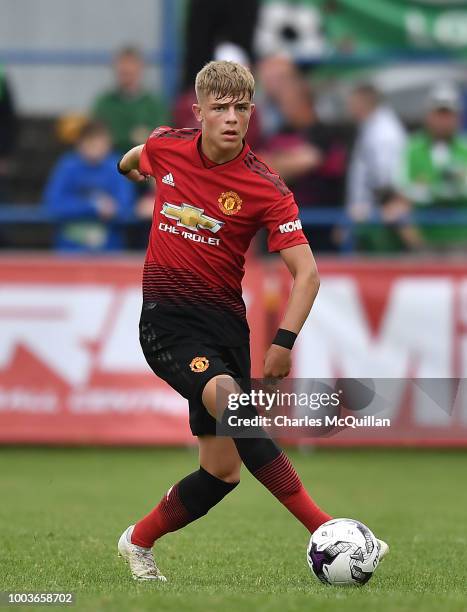 Brandon Williams of Manchester United during the U19 NI Super Cup gala match between Manchester United and Celtic at Coleraine Showgrounds on July...