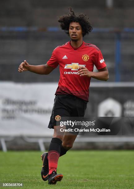 Mani Burghail-Mellor of Manchester United during the U19 NI Super Cup gala match at Coleraine Showgrounds on July 21, 2018 in Coleraine, Northern...