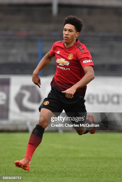Nishan Burkart of Manchester United during the U19 NI Super Cup gala match between Manchester United and Celtic at Coleraine Showgrounds on July 21,...