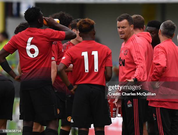 Coach Neil Ryan of Manchester United during the U19 NI Super Cup gala match between Manchester United and Celtic at Coleraine Showgrounds on July 21,...