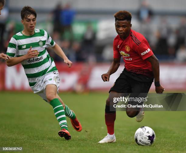 Largie Ramazani of Manchester United during the U19 NI Super Cup gala match between Manchester United and Celtic at Coleraine Showgrounds on July 21,...