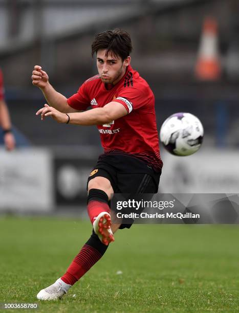 Aidan Barlow of Manchester United during the U19 NI Super Cup gala match between Manchester United and Celtic at Coleraine Showgrounds on July 21,...