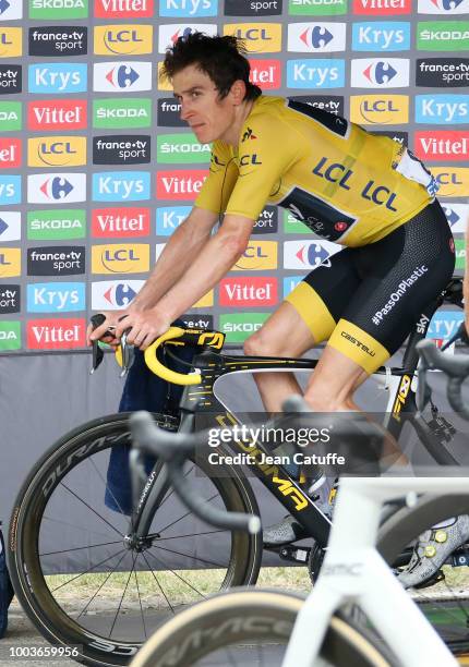 Geraint Thomas of Great Britain and Team Sky on home trainer following stage 13th of Le Tour de France 2018 between Bourg d'Oisans and Valence on...