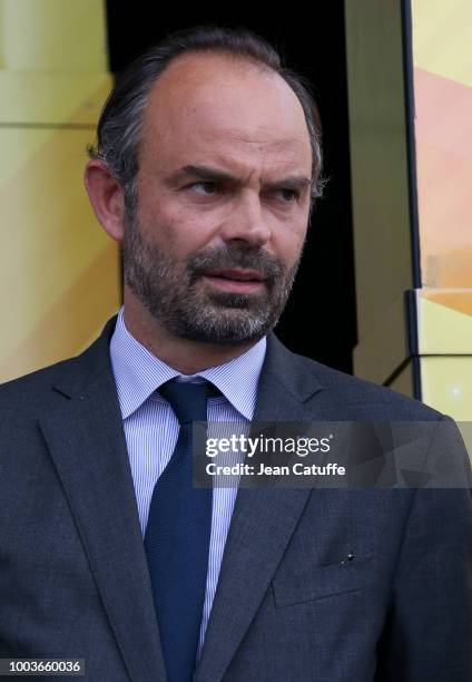 Prime Minister of France Edouard Philippe during the podium ceremony following stage 13th of Le Tour de France 2018 between Bourg d'Oisans and...