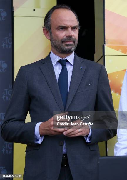 Prime Minister of France Edouard Philippe during the podium ceremony following stage 13th of Le Tour de France 2018 between Bourg d'Oisans and...