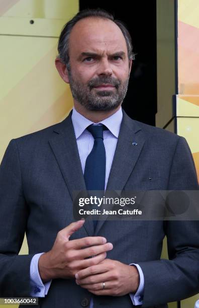Prime Minister of France Edouard Philippe during the podium ceremony following stage 13th of Le Tour de France 2018 between Bourg d'Oisans and...