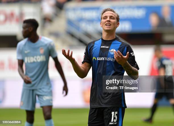 Phillip Tietz of Paderborn gestures during the Friendly match between SC Paderborn 07 and AS Monaco at Benteler-Arena on July 21, 2018 in Paderborn,...