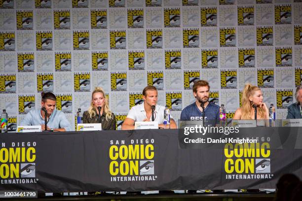 Actors Alex Hogh Andersen, Georgia Hirst, Alexander Ludwig, Clive Standen, and Katheryn Winnick attend the Vikings panel at Comic-Con International...