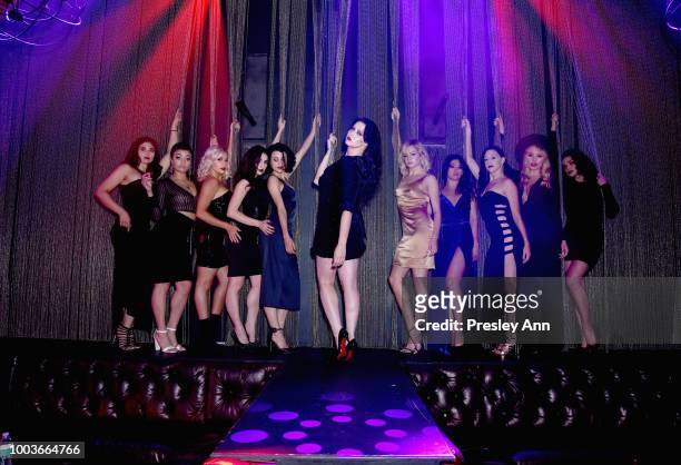 Molly D'amour and Luxe Obscura performers pose onstage during Private VIP Premier of Luxe Obscura at The Sayers Club on July 21, 2018 in Hollywood,...