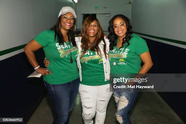 Singers Dania Birks, Michelle Franklin-Ferrens and Juana Burns of the band J.J. Fad pose for a photo back stage during the All Star Throwback Jam...