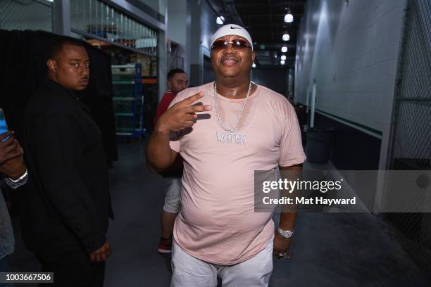 Rapper E-40 poses for a photo back stage during the All Star Throwback Jam hosted by HOT 103.7 at ShoWare Center on July 21, 2018 in Kent, Washington.